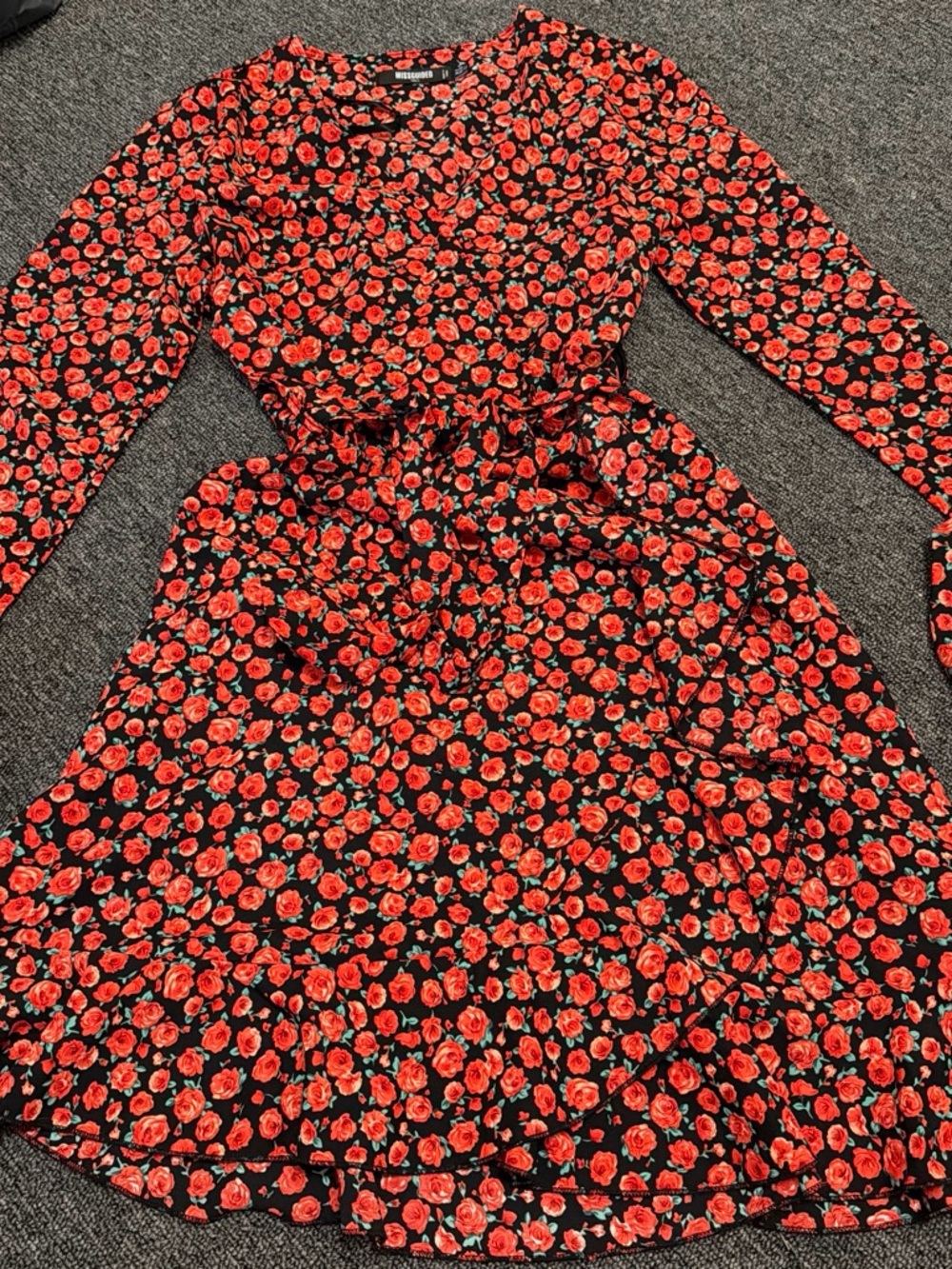 Missguided Black Dress with Red Rose Print - Long Sleeve